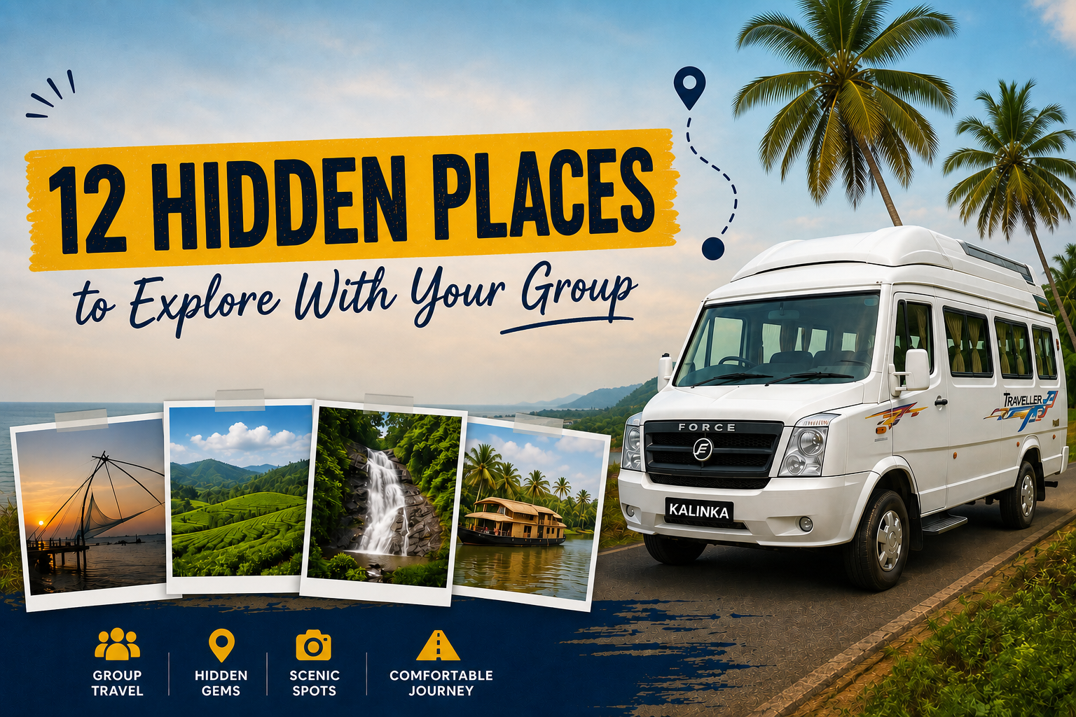 Travel poster featuring a white Kalinka Traveller van on a tropical coastal road, promoting “Tempo Traveler in Kochi” with the headline “12 Hidden Places to Explore With Your Group” and scenic photos of hills, a waterfall, sunset, and a houseboat.